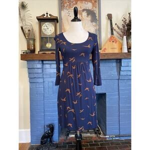 BODEN Sz 4 Tunic Dress Navy 3/4 Sleeve Jersey Cotton Knit Bird Print Boho XS S